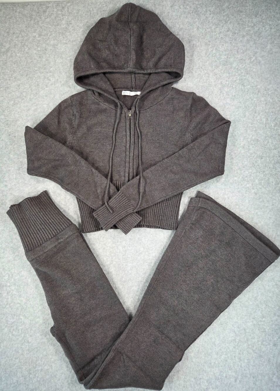 SALTY Knit Lounge Set Cropped Zip Hoodie High Waist Flare Pants Gray cozy fall